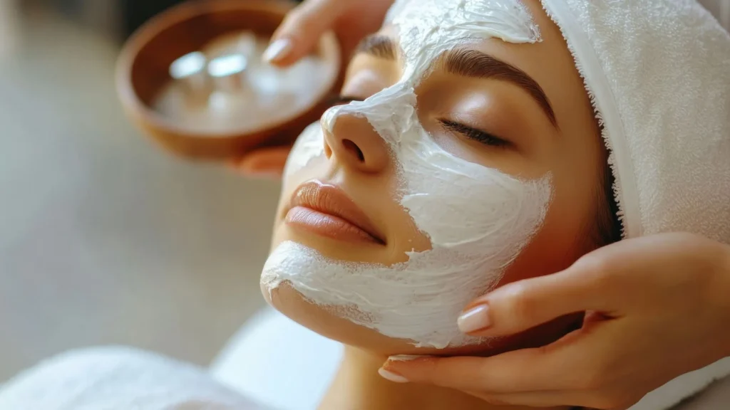 Client receiving a hydrating facial mask treatment to support dewy, glowing skin in Timonium, Maryland.