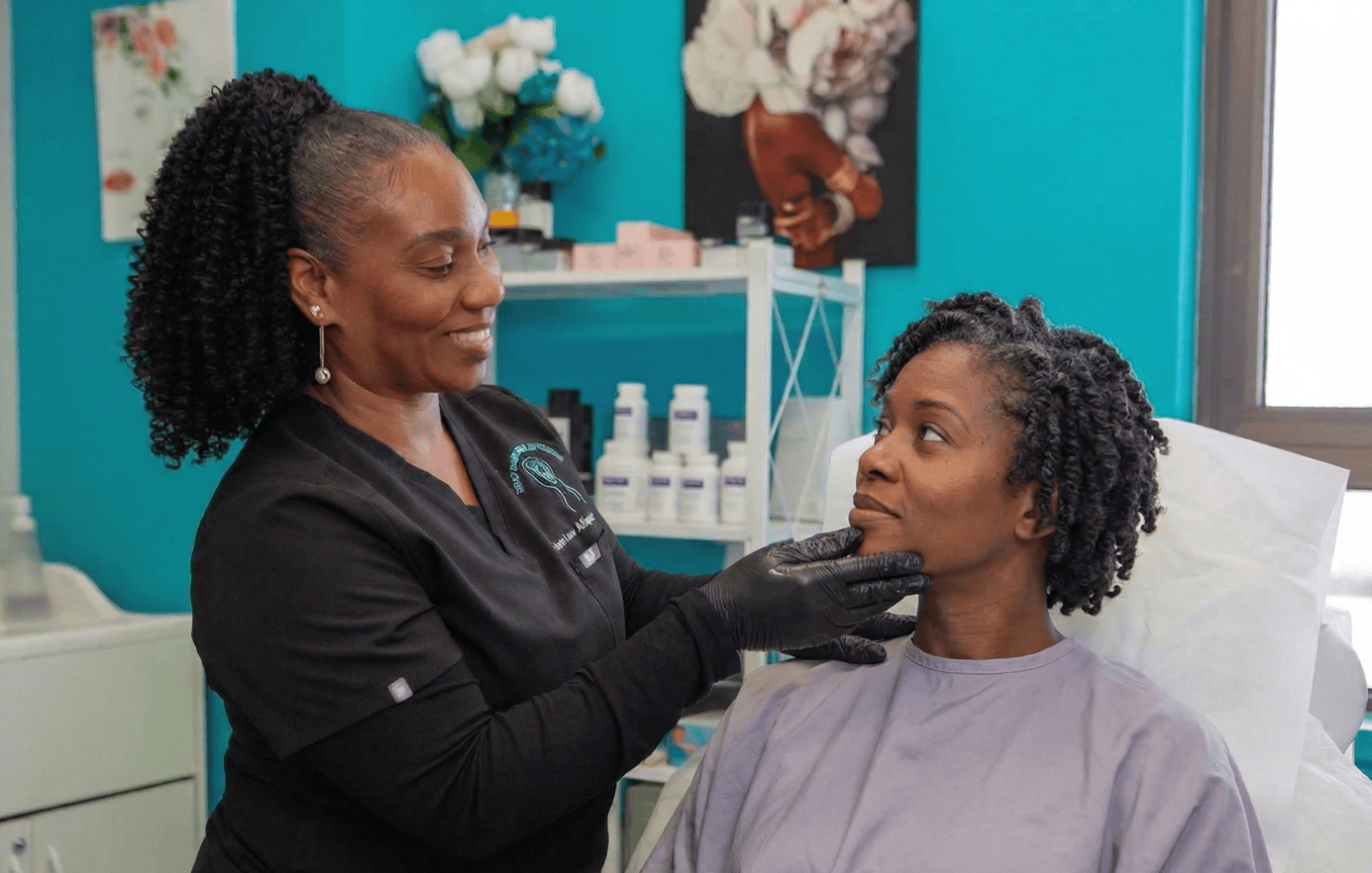 Nurse Practitioner evaluating a client’s skin during a barrier repair skincare consultation at Body Scientific Aesthetics in Timonium, Maryland.