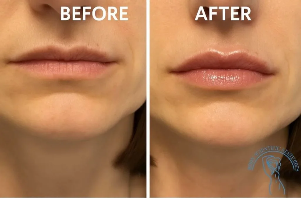 Before and after lip filler results showing hyaluronic acid filler enhancement near Towson MD at Body Scientific Aesthetics.