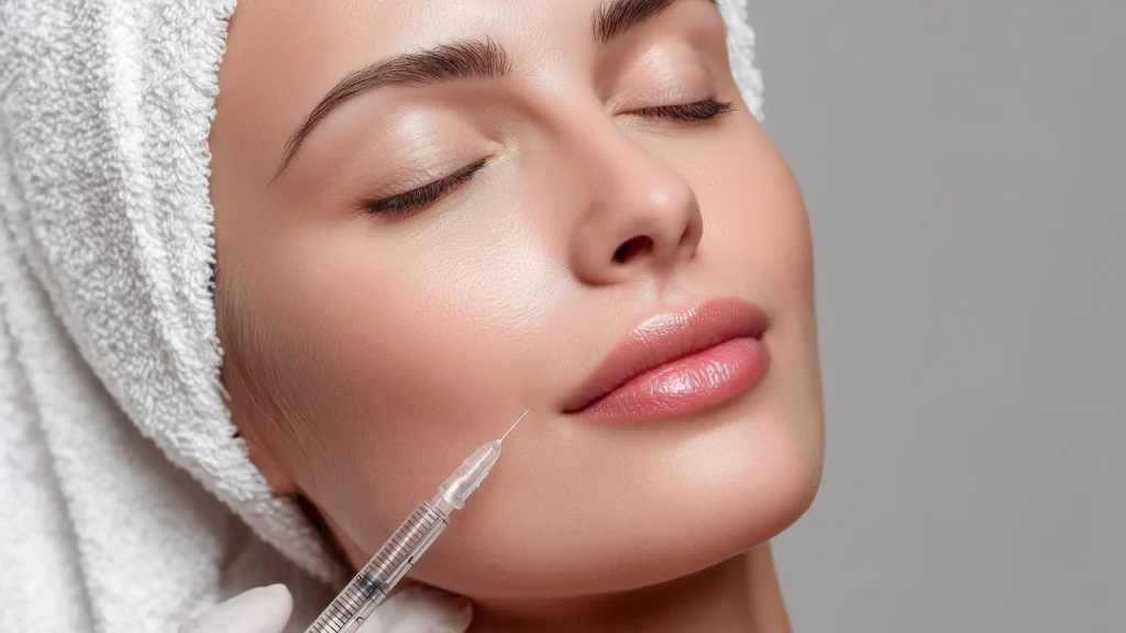 Client receiving a facial injectable treatment representing hydration, skin plumpness, and hyaluronic acid support in Timonium, Maryland.
