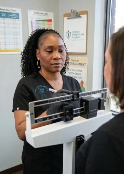 Nurse Practitioner guiding a medical weight loss patient during a wellness consultation at Body Scientific Aesthetics in Timonium, Maryland.