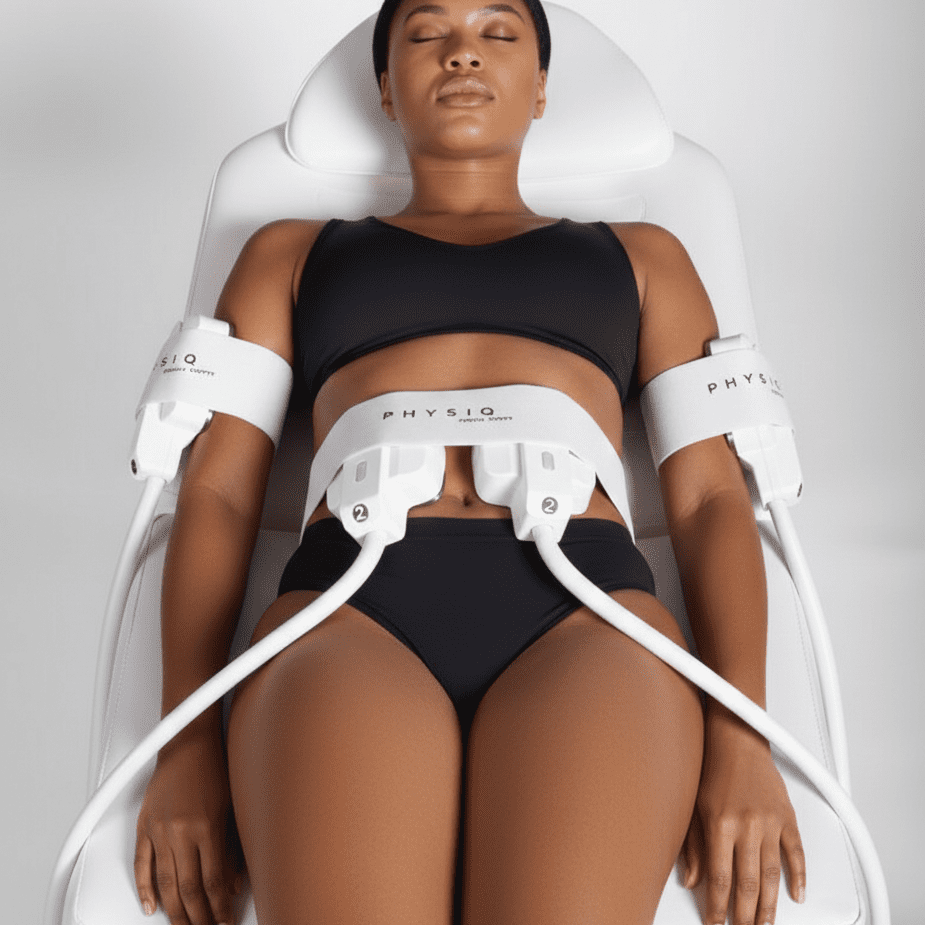 Woman undergoing a body sculpting treatment with electrodes attached.