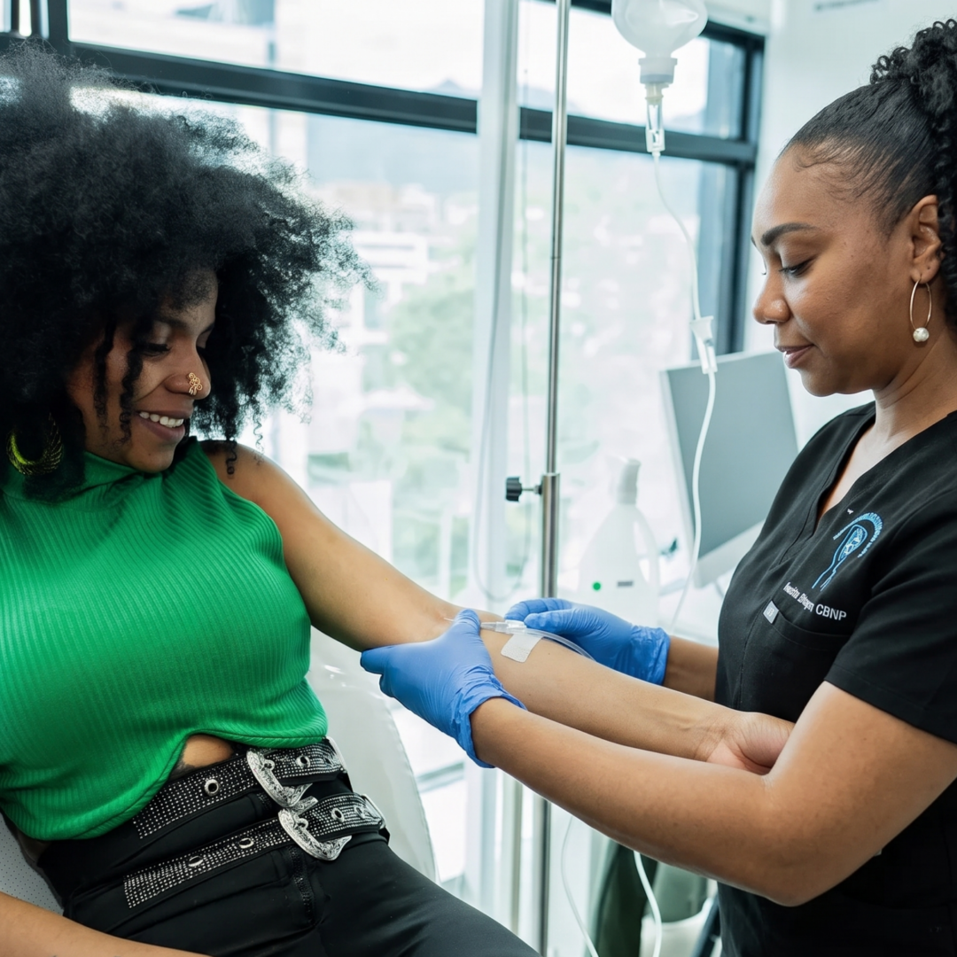A client from Essex Dundalk receiving IV therapy at Body Scientific Aesthetics in Timonium, Maryland, administered by a nurse.